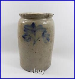 Antique Salt Glazed Stoneware Jar Brushed Cobalt Flowers