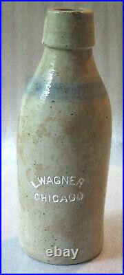 Antique Salt Glazed Stoneware Pottery Beer Bottle L Wagner Chicago IL Ills
