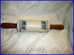 Antique Salt Glazed Stoneware Pottery Rollin Pin Blue Flowers Wood Handles