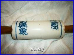 Antique Salt Glazed Stoneware Pottery Rollin Pin Blue Flowers Wood Handles