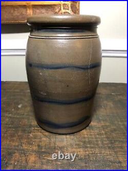 Antique Saltglaze Stoneware Crock Cobalt Decorated Western PA Four Stripes