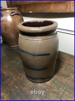 Antique Saltglaze Stoneware Crock Cobalt Decorated Western PA Four Stripes