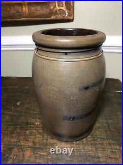 Antique Saltglaze Stoneware Crock Cobalt Decorated Western PA Four Stripes