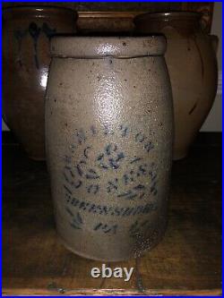 Antique Saltglaze Stoneware Crock Cobalt Decorated Western PA Hamilton & Jones