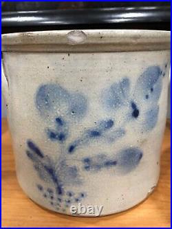 Antique Saltglaze Stoneware Crock Cobalt Floral Decoration Att. New York AAFA