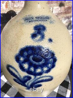 Antique Saltglaze Stoneware John Burger Rochester 3 Gallon Jug Cobalt Flower WOW