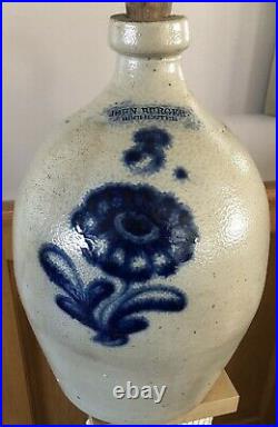 Antique Saltglaze Stoneware John Burger Rochester 3 Gallon Jug Cobalt Flower WOW