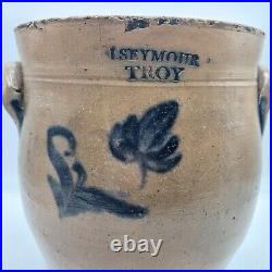 Antique Seymour Troy Blue Floral Stoneware Crock Old