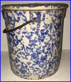Antique Spongeware Blue White Stoneware Berry Bucket Pail Bail Handle AAFA