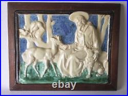 Antique St. Francis with Deer Christian Art Pottery Framed Stoneware Tile Plaque