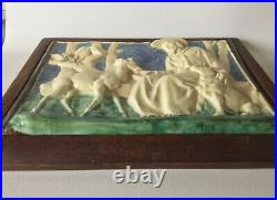 Antique St. Francis with Deer Christian Art Pottery Framed Stoneware Tile Plaque