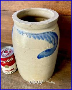Antique Stoneware 1G PA or Mid-Atlantic Fruit Jar Pantry Crock with Cobalt Swags