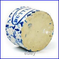 Antique Stoneware Blue & White Spongeware'Butter' Crock with Lid