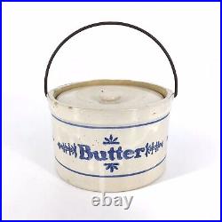 Antique Stoneware Butter Crock with Lid & Handle Blue Stencil