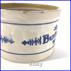 Antique Stoneware Butter Crock with Lid & Handle Blue Stencil