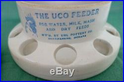 Antique Stoneware Chicken Uco Feeder by Uhl Pottery w Lid Blue Rooster