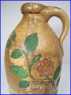 Antique Stoneware Jug Small Pottery Top Side Handle Hand Painted Flowers
