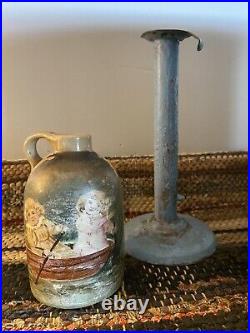 Antique Stoneware Jug withPainting of 2 Children in Boat