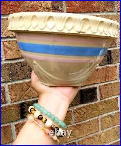 Antique Stoneware Mixing Bowl Blue Pink Stripes Yellow Ware Pottery Old Fashione