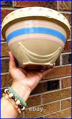 Antique Stoneware Mixing Bowl Blue Pink Stripes Yellow Ware Pottery Old Fashione