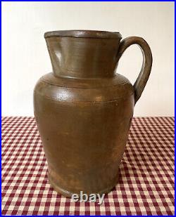 Antique Stoneware Pitcher, Orange Tan Brown Salt Glaze, 4 Quart, Circa 1885