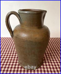 Antique Stoneware Pitcher, Orange Tan Brown Salt Glaze, 4 Quart, Circa 1885