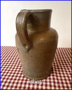 Antique Stoneware Pitcher, Orange Tan Brown Salt Glaze, 4 Quart, Circa 1885