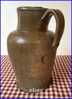 Antique Stoneware Pitcher, Orange Tan Brown Salt Glaze, 4 Quart, Circa 1885