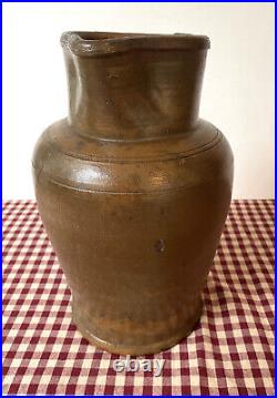 Antique Stoneware Pitcher, Orange Tan Brown Salt Glaze, 4 Quart, Circa 1885