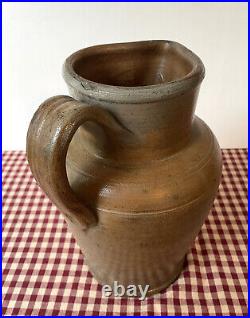 Antique Stoneware Pitcher, Orange Tan Brown Salt Glaze, 4 Quart, Circa 1885