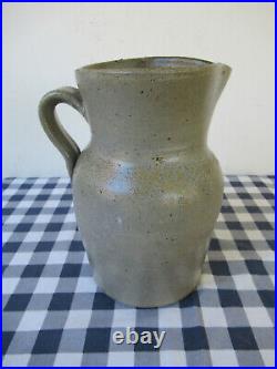 Antique Stoneware Pitcher Salt Glaze Applied Handle Primitive Ca 1870 1/2 Gallon