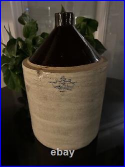 Antique Stoneware Pottery Jug 5 Gallon Crown Emblem 2 Tone Color Large Primitive