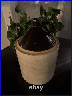 Antique Stoneware Pottery Jug 5 Gallon Crown Emblem 2 Tone Color Large Primitive