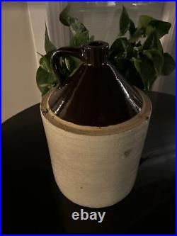 Antique Stoneware Pottery Jug 5 Gallon Crown Emblem 2 Tone Color Large Primitive