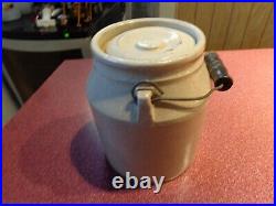 Antique Stoneware Pottery Lidded Table Crock with Wire Bale Wood Handle