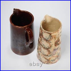Antique Stoneware Pottery Salt Sponge Brown Primitive Chicken Wire Jug Pitchers
