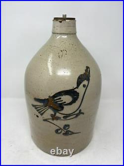 Antique Stoneware Salt Glazed Jug / Lamp Cobalt Blue Decorated-BIRD Motif