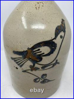 Antique Stoneware Salt Glazed Jug / Lamp Cobalt Blue Decorated-BIRD Motif