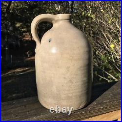 Antique Stoneware Salt Glazed Pottery Jug With Blue Cobalt Flower 11 Tall