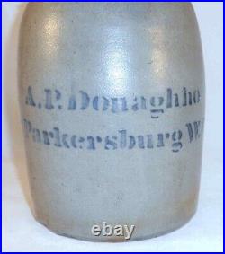 Antique Stoneware Tall Jar Salt Glazed Blue Letters A. P. Donaghho Parkersburg WV