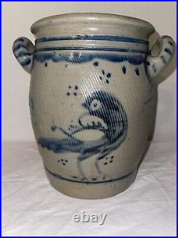 Antique Stoneware saltglazed double handled crock with bluebird On Both Sides