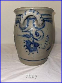 Antique Stoneware saltglazed double handled crock with bluebird On Both Sides