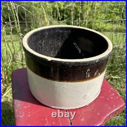 Antique Two Tone Stoneware Brown Beige Crock Short Cylinder Early Farmhouse Deco