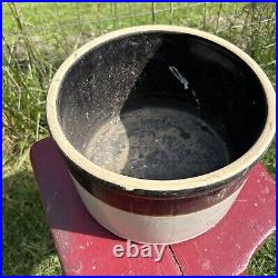 Antique Two Tone Stoneware Brown Beige Crock Short Cylinder Early Farmhouse Deco