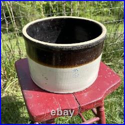 Antique Two Tone Stoneware Brown Beige Crock Short Cylinder Early Farmhouse Deco