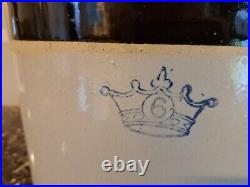 Antique Vintage 6 Gallon Robinson Ransbottom Stoneware Covered Crock Blue Crown