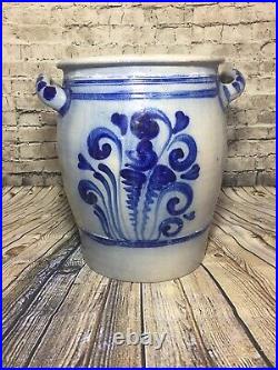 Antique Vintage Blue Cobalt Salt Glazed Stoneware Large Pot Vase Crock Rare