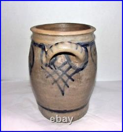 Antique Vintage Stoneware Salt Glaze Handle Crock with Cobalt Design