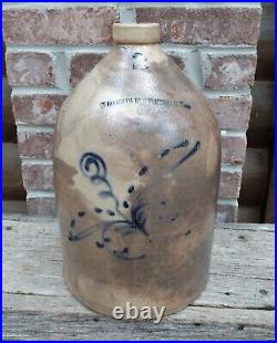 Antique W ROBERTS Binghampton NY Dragonfly Decorated Salt Glazed 2 Gal Crock Jug