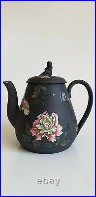 Antique Wedgwood Black Basalt Teapot Sybil finial Enamelled